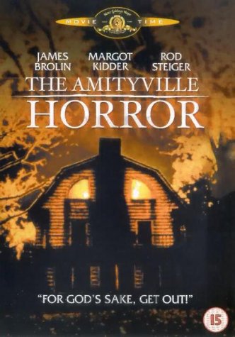 "The Amityville Horror" DVD cover featuring a haunted house with lit windows at night.