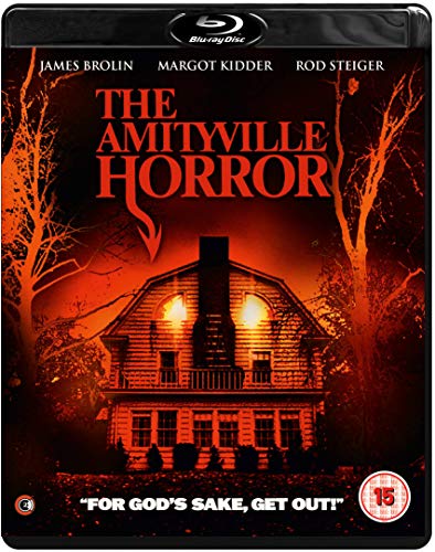 Blu-ray cover for The Amityville Horror featuring a spooky house against a red background.