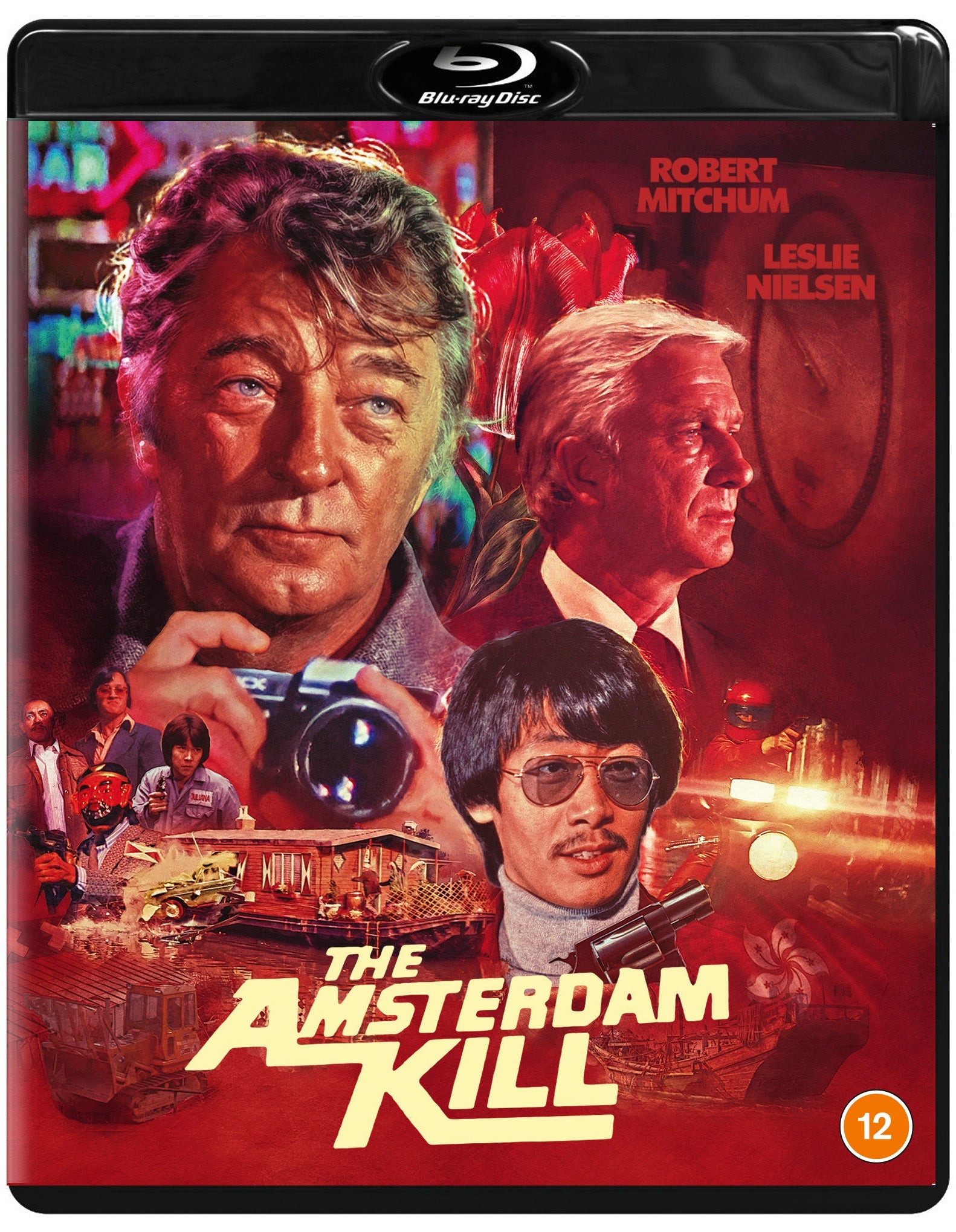 Blu-ray cover for "The Amsterdam Kill" featuring Robert Mitchum and Leslie Nielsen.