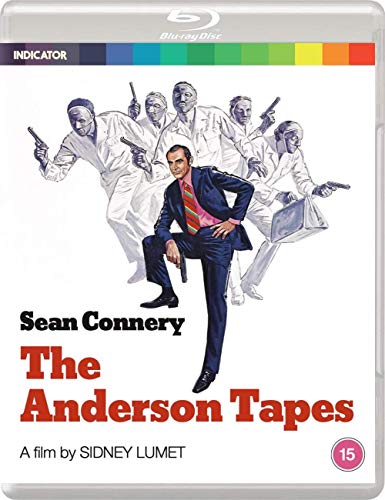 Blu-ray cover for "The Anderson Tapes" featuring Sean Connery and gunmen.