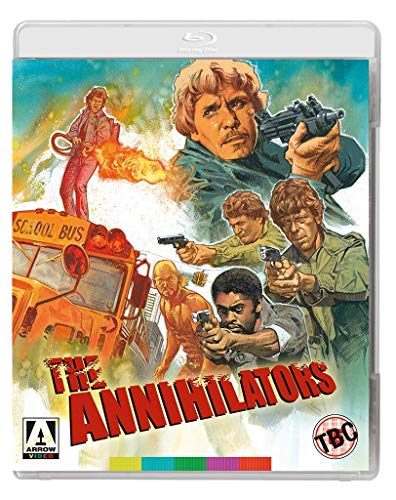 Blu-ray cover for "The Annihilators" featuring armed people and a school bus.