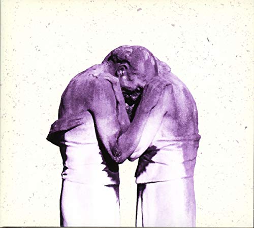 Purple toned image of two figures embracing, album cover art.