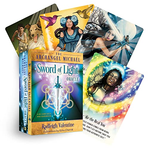 Oracle card deck featuring angelic figures, glowing swords, and hummingbird imagery.