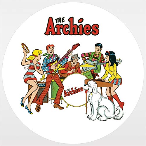 "Pink background with white vinyl record featuring cartoon band 'The Archies' and tracklist."