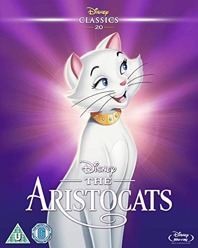 “The Aristocats” Blu-ray cover featuring Duchess, a white cat, with a gold collar.