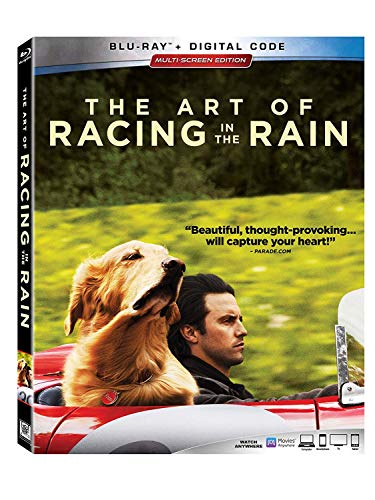 Blu-ray cover for "The Art of Racing in the Rain" with a dog and man.