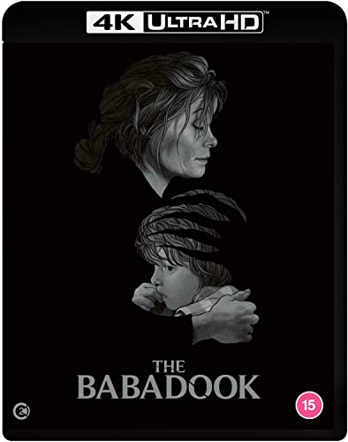 A woman hugs a young boy in a dark, black and white illustration.
