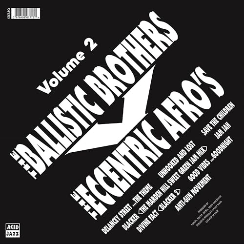 Black and white vinyl record cover featuring bold, angled text and tracklist.