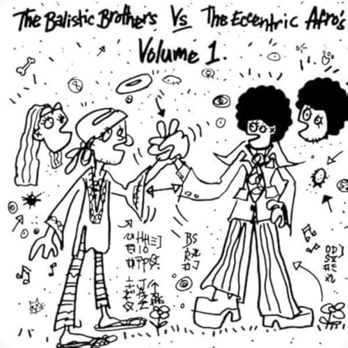 Black and white cartoon album cover featuring three stylized figures.