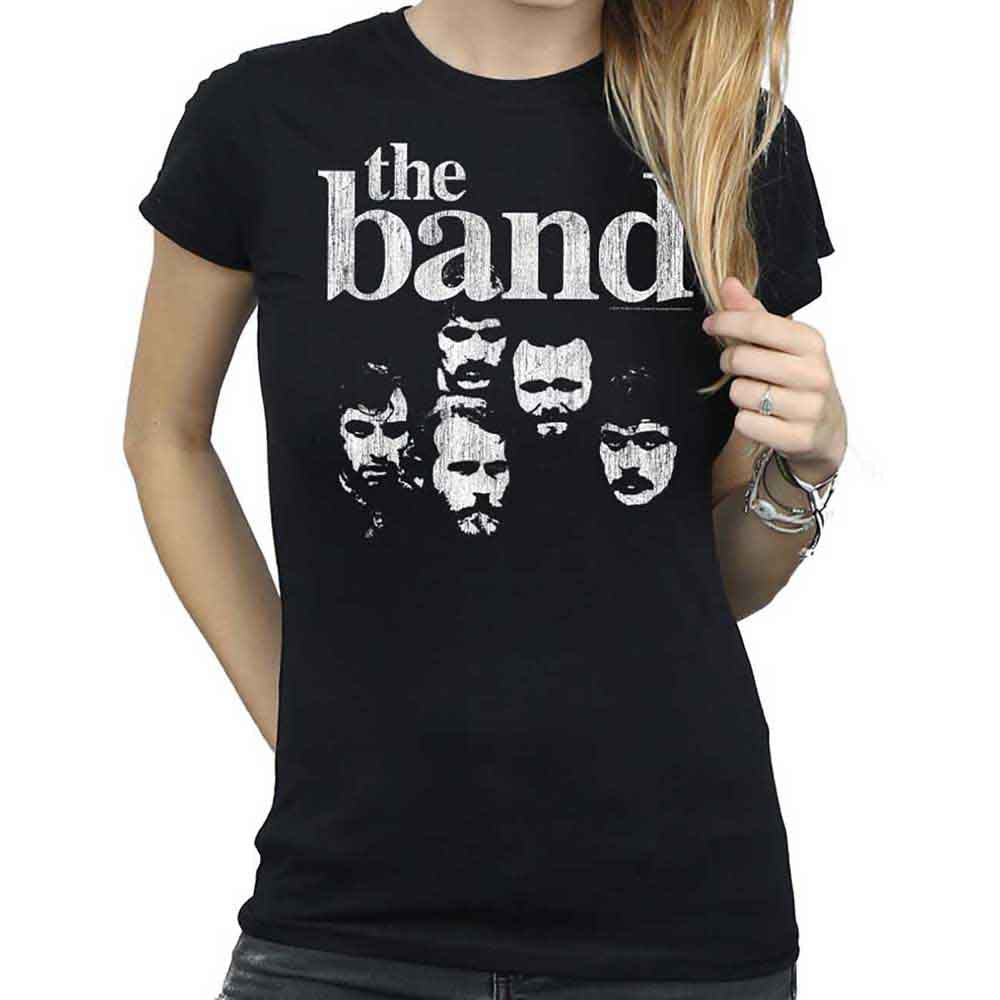 Black women's t-shirt with "the band" graphic and band member faces.