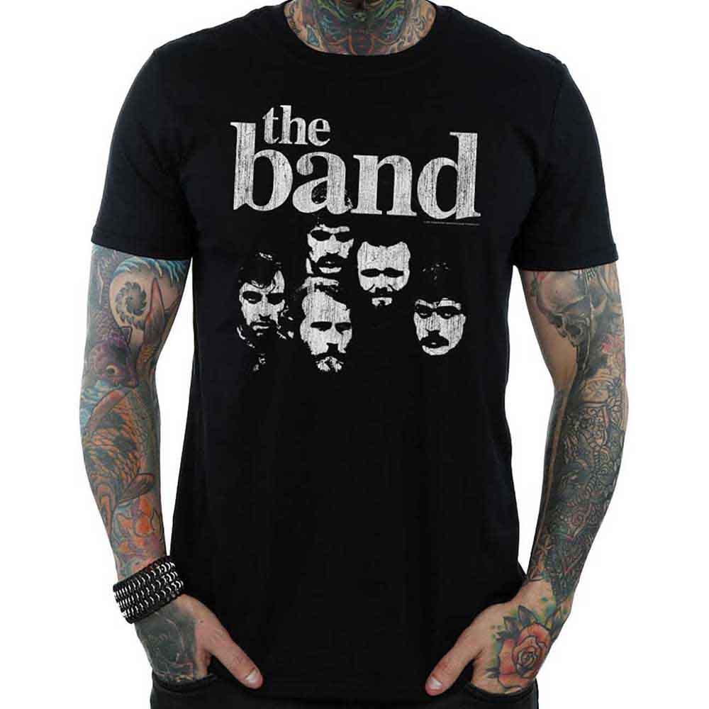 Black t-shirt with "the band" graphic and portraits of band members.