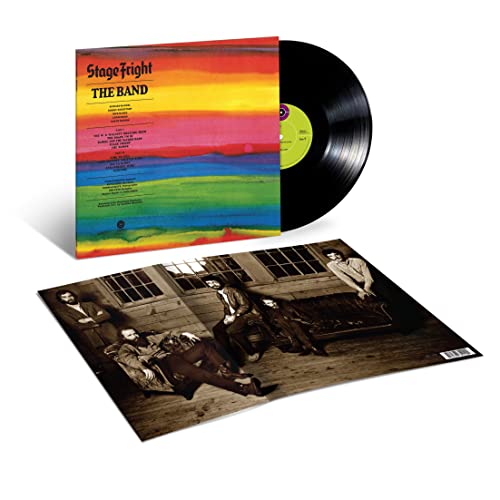 The Band Stage Fright vinyl record with colorful cover, black disc, and inner sleeve.