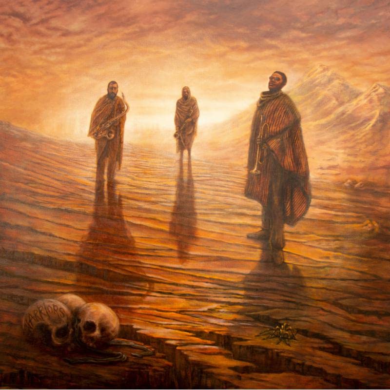 Painting of three figures with brass instruments in a desolate landscape.