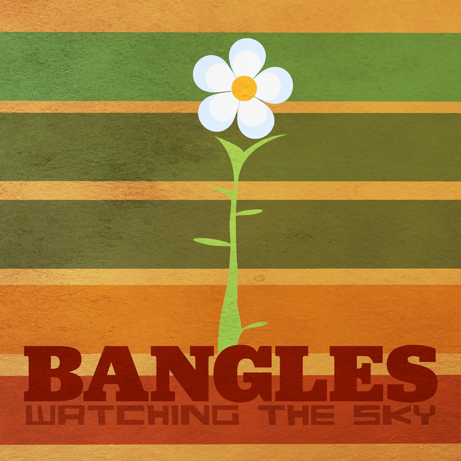 A white flower on a background of horizontal orange and green stripes with text.