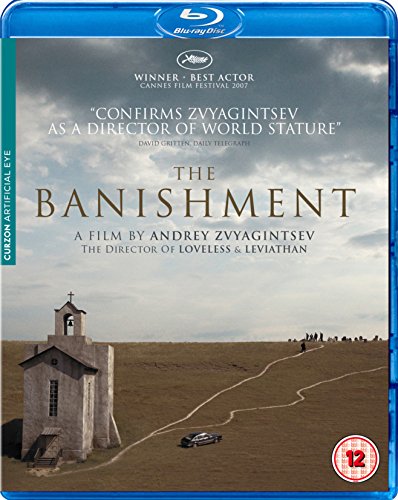 Blu-ray cover for "The Banishment" featuring a church, car, and bleak landscape.