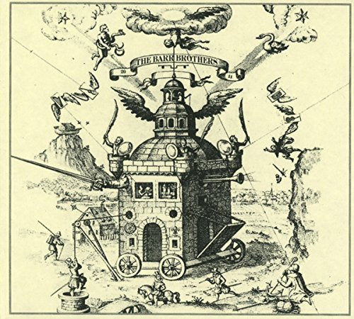 Intricate black and white illustration of a fantastical building with figures.