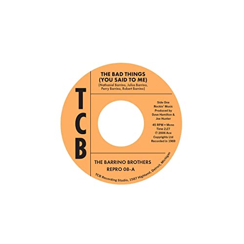 Orange TCB record label for The Barrino Brothers 45 RPM vinyl record.