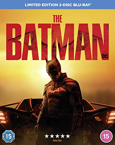 Blu-ray cover for "The Batman" featuring Robert Pattinson in costume.