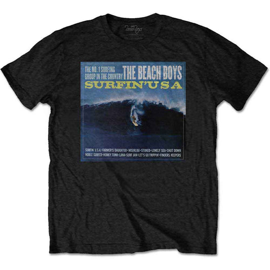 Black t-shirt with a colorful Beach Boys “Surfin’ USA” album cover graphic.