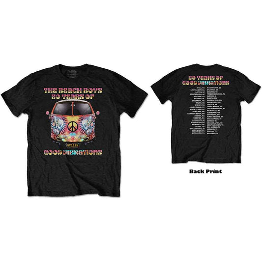 Black t-shirt with colourful psychedelic van and "The Beach Boys" text.