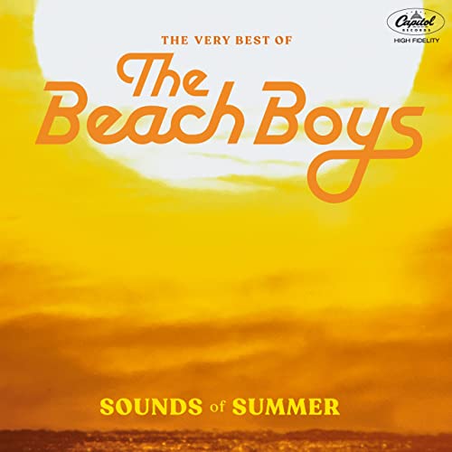 The Beach Boys album cover features orange text against a bright yellow sunset background.