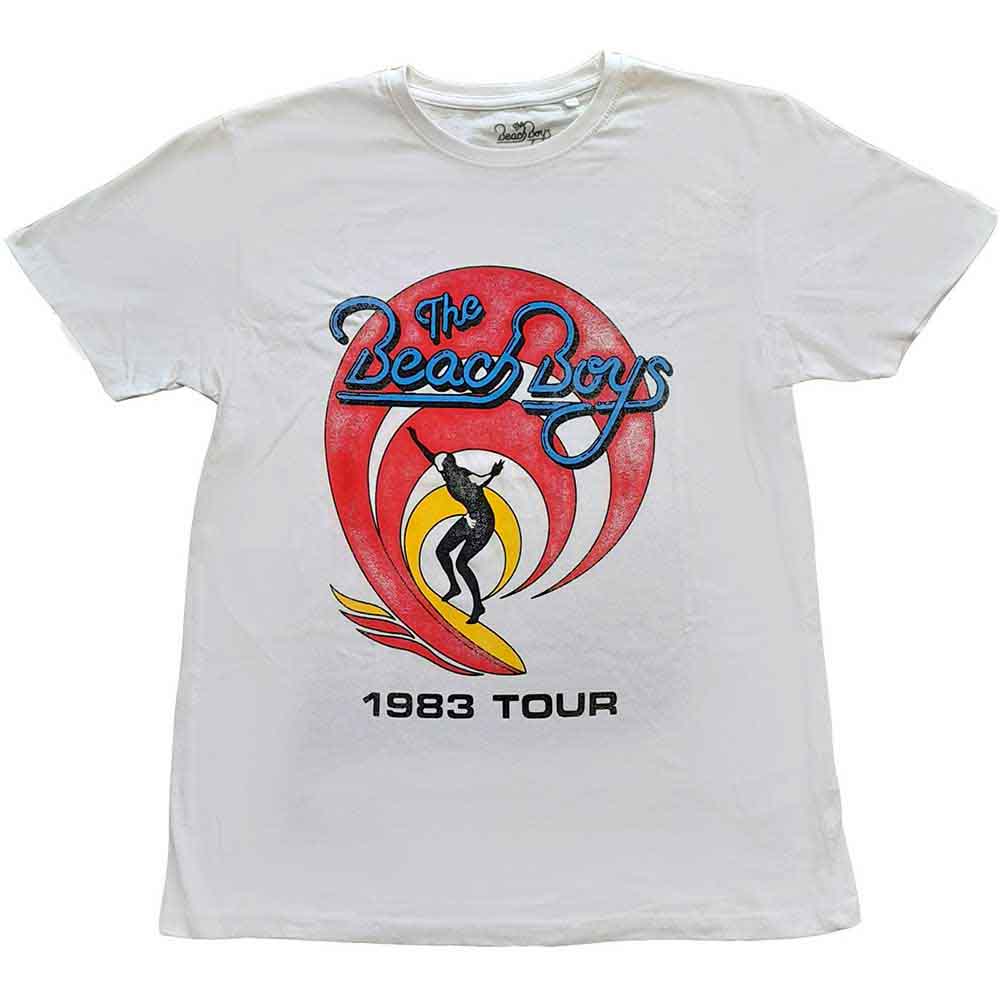 A vintage-style grey unisex t-shirt featuring a Beach Boys Surfer 83 graphic print.