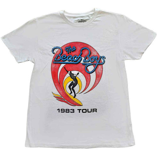 A vintage-style grey unisex t-shirt featuring a Beach Boys Surfer 83 graphic print.