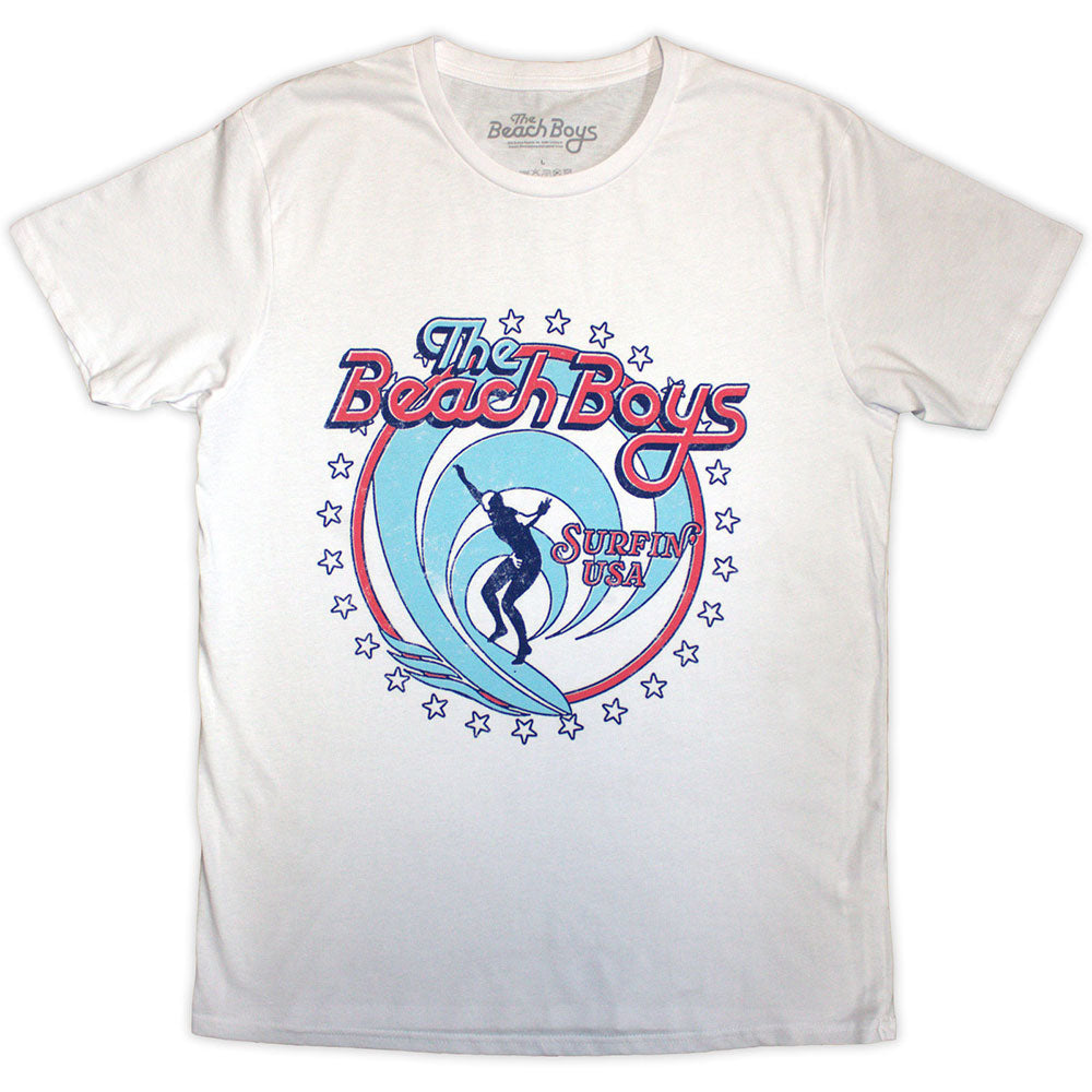 White unisex t-shirt featuring a circular Surfin' USA Beach Boys graphic on the front.