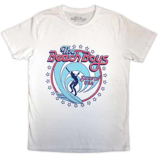 White unisex t-shirt featuring a circular Surfin' USA Beach Boys graphic on the front.
