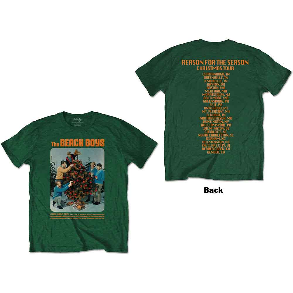 A black unisex t-shirt featuring The Beach Boys Christmas album artwork on the back.