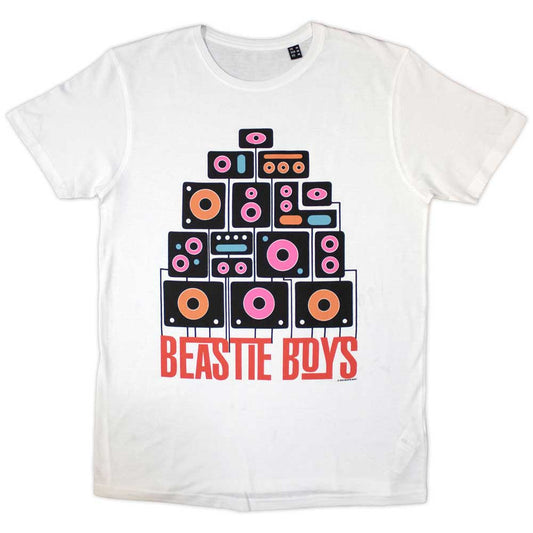 White t-shirt with a stacked boombox graphic and "Beastie Boys" text.