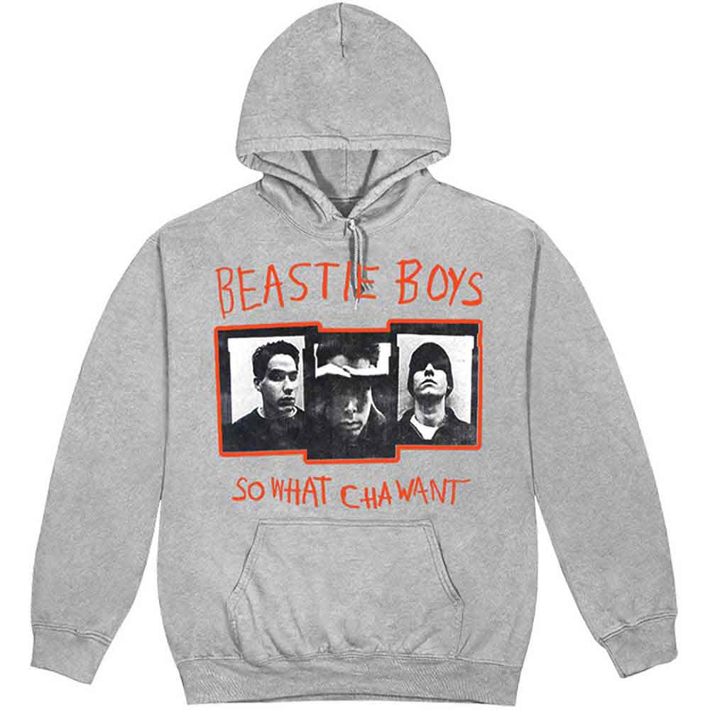 Grey hoodie featuring Beastie Boys text and three black and white portraits.