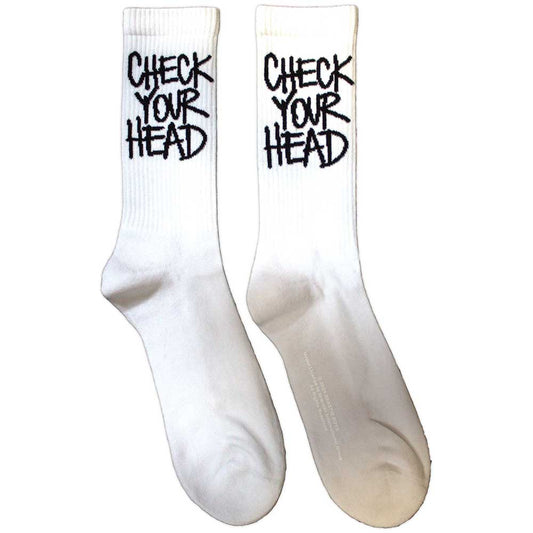 Black crew socks featuring the Beastie Boys Check Your Head album cover graphic.
