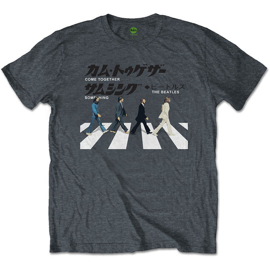 Heather grey t-shirt featuring The Beatles Abbey Road crossing with Japanese text.