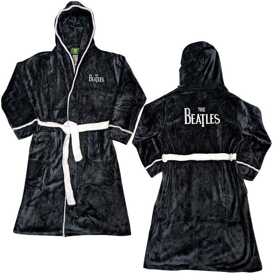 Man wearing a black, hooded bathrobe with white trim and Beatles logo.