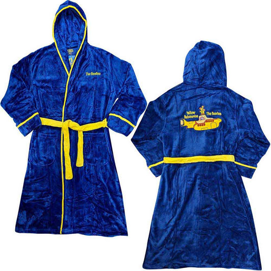 A man wearing a navy blue Beatles bathrobe with yellow trim and a yellow belt.