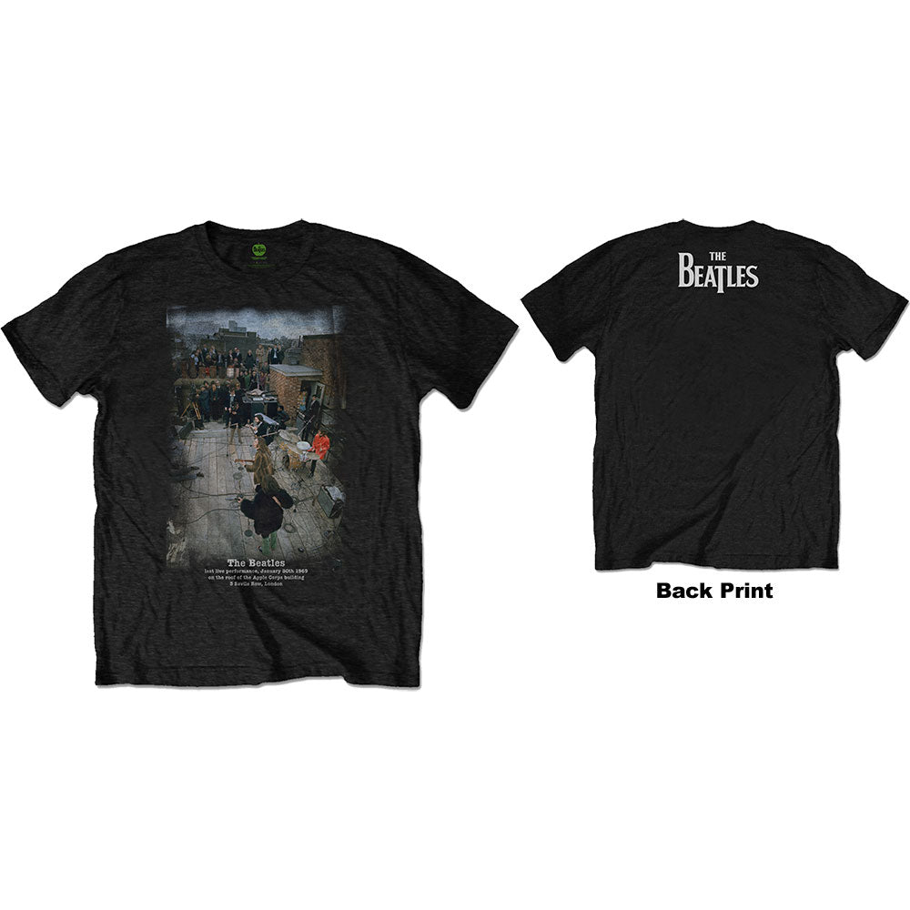 Black Beatles t-shirt with Abbey Road album cover graphic, front and back.