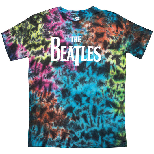 A dip-dye unisex t-shirt featuring The Beatles Drop T logo in black and white.