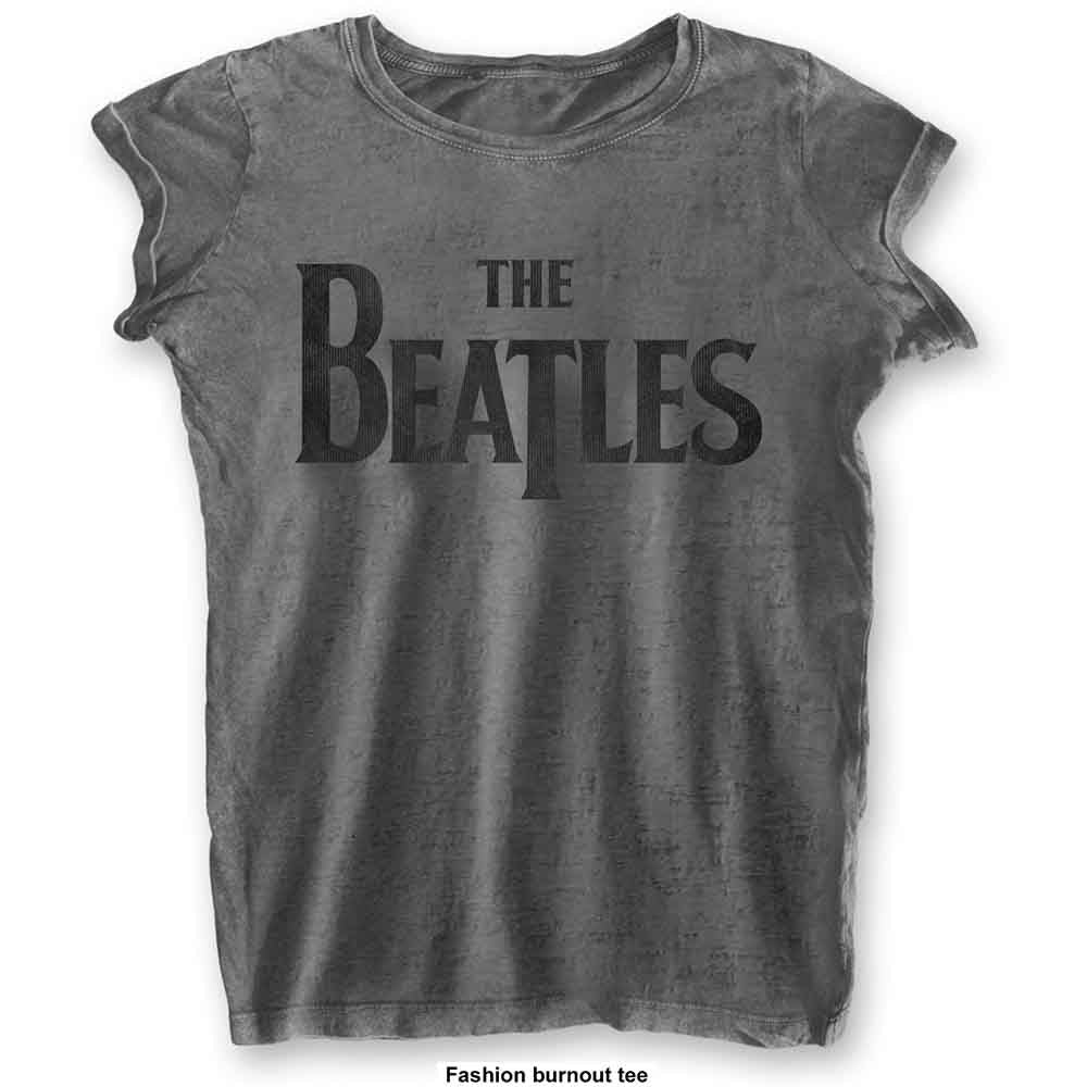 Charcoal grey women’s t-shirt with large black “The Beatles” text.