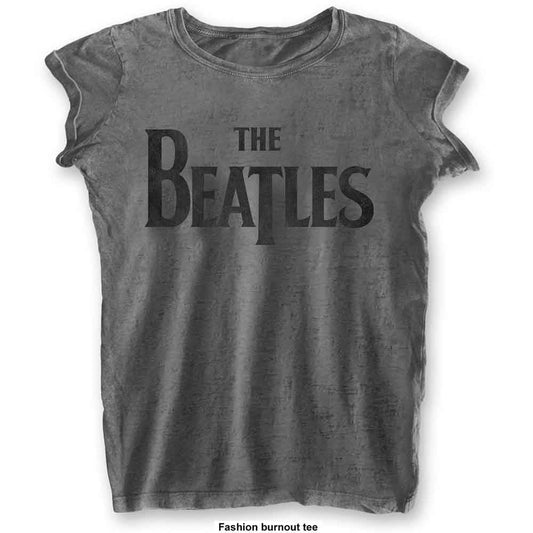 Charcoal grey women’s t-shirt with large black “The Beatles” text.