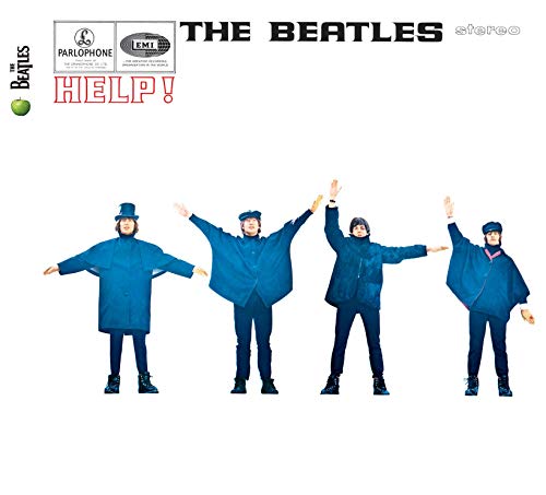 The Beatles in blue capes posing with arms raised on a white background.