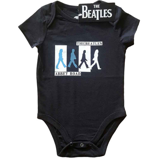 Black baby grow with white silhouettes of The Beatles crossing Abbey Road.