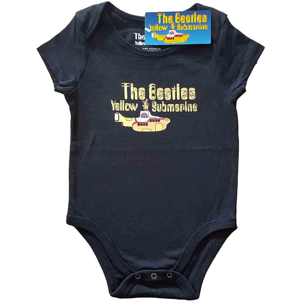 Yellow baby grow with a Yellow Submarine logo and submarine illustration.
