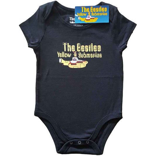 Yellow baby grow with a Yellow Submarine logo and submarine illustration.