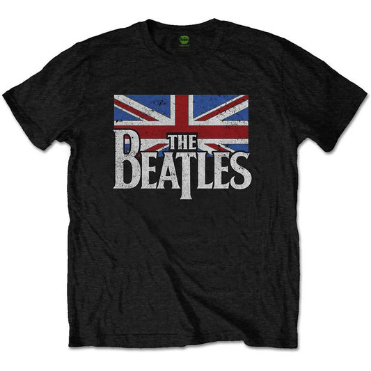 White t-shirt with The Beatles logo over a Union Jack flag design.