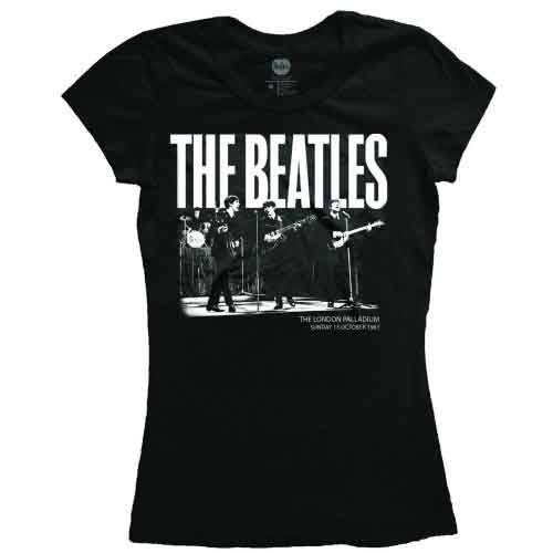 Ladies' black t-shirt featuring The Beatles’ 1963 Palladium concert graphic, size XX-Large.