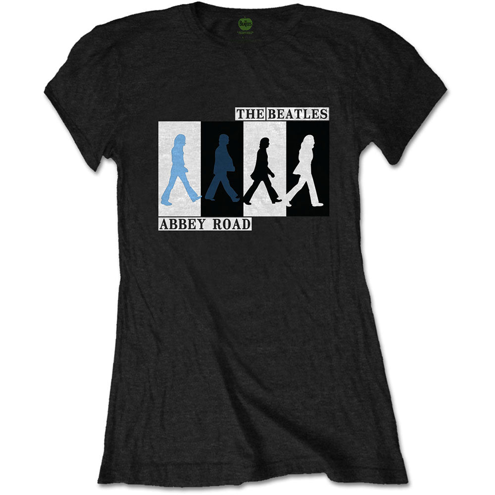 Black t-shirt featuring The Beatles Abbey Road crossing graphic in blue and white.