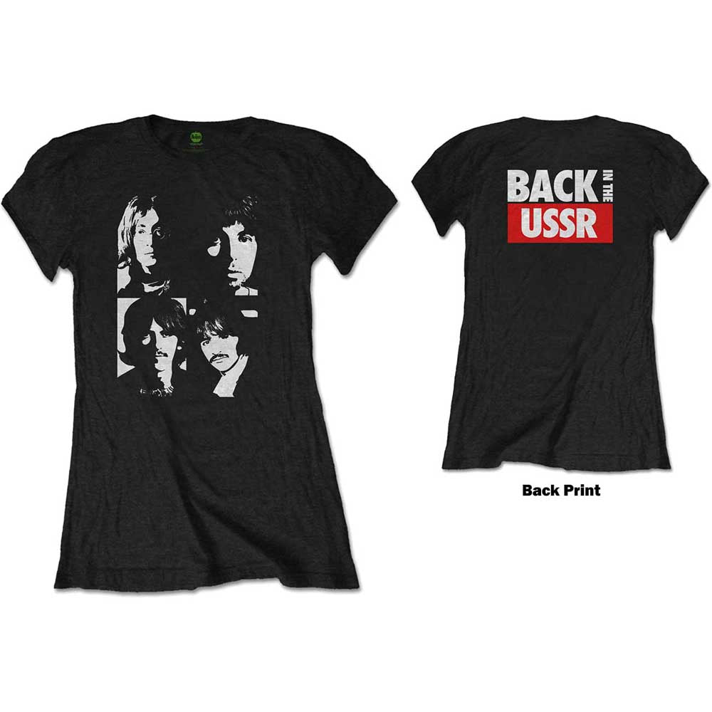 Black women's t-shirt with white portraits of The Beatles.