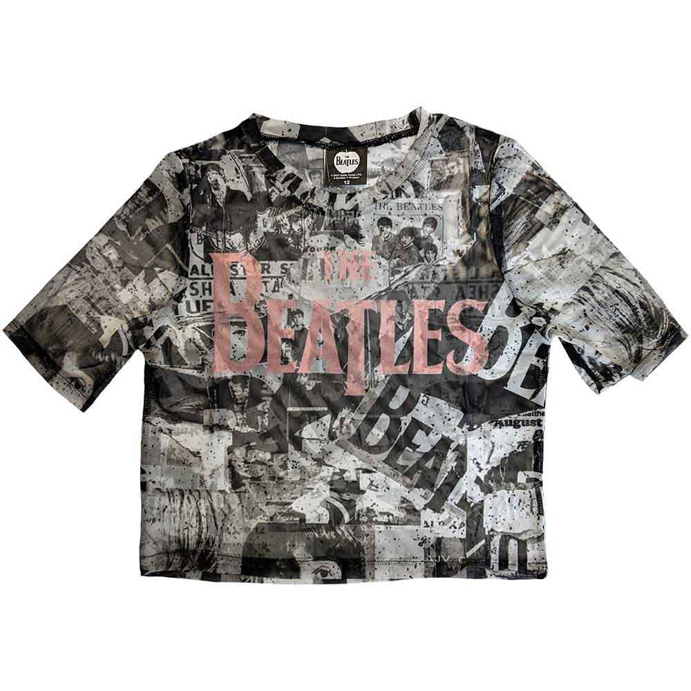 Mesh crop top with all-over Beatles print and drop-T logo.