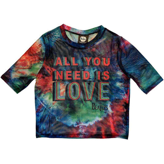 Black mesh crop top with “All You Need Is Love” and The Beatles logo.